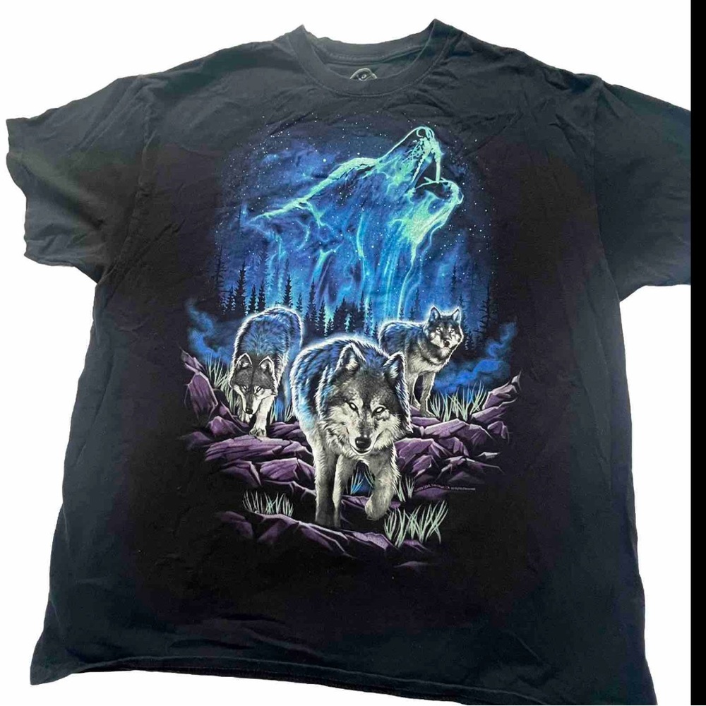DOM Wolf Howling Night Graphic Print Mens Black T-Shirt Size  XL
